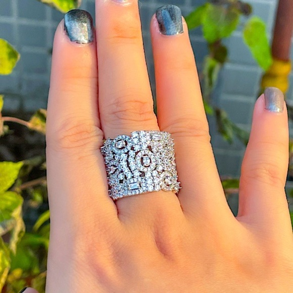 White Gold Plated Zircon Ring, Adjustable, Wide Band, Statement Jewelry - Picture 1 of 9